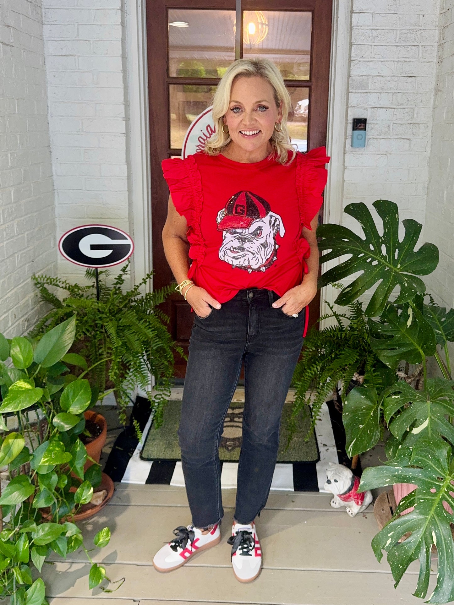 Ruffle Red top licensed with bulldog
