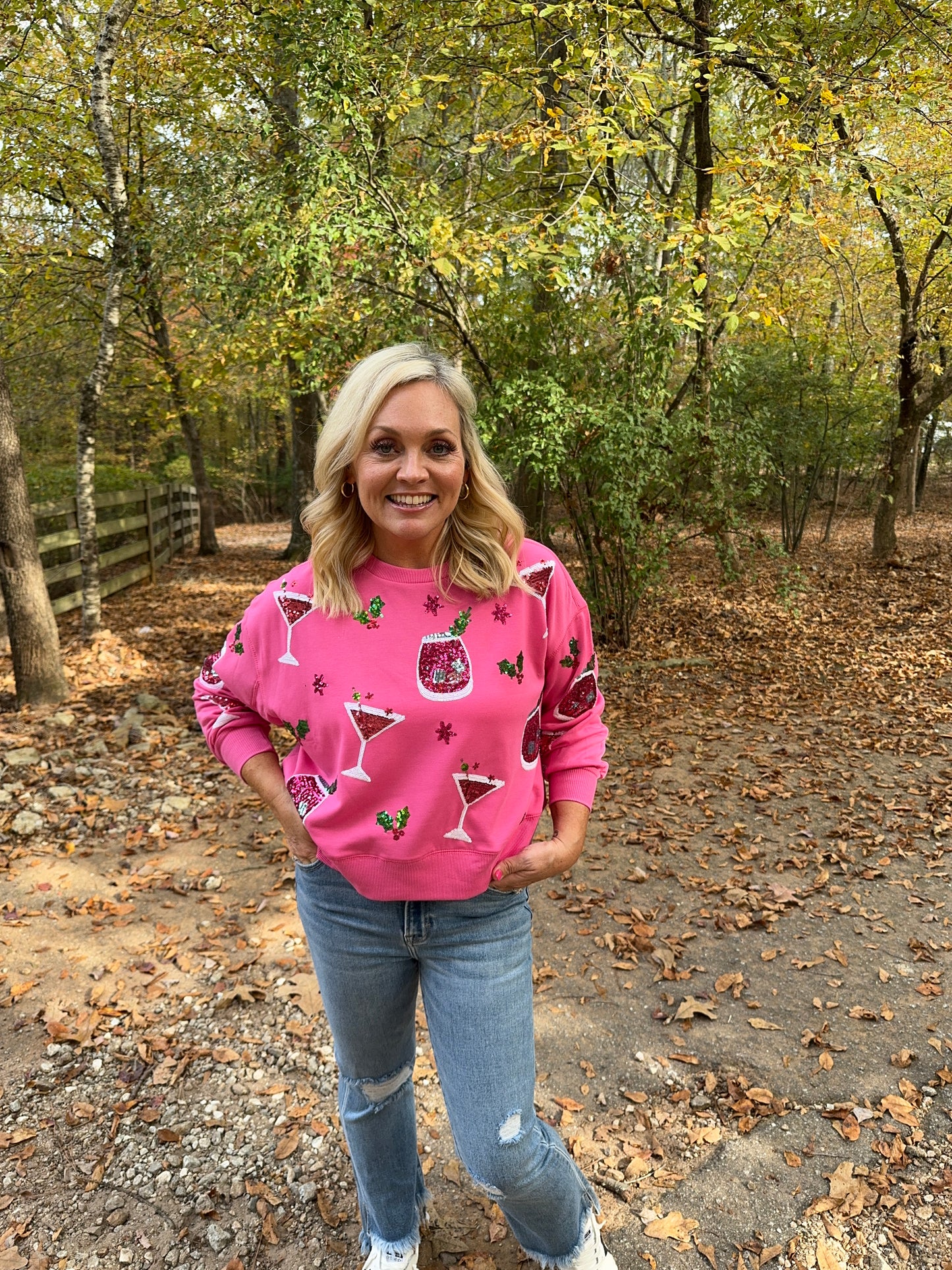 Boutique style sweatshirt martinis cocktails sequins Christmas oversized marked down Christmas