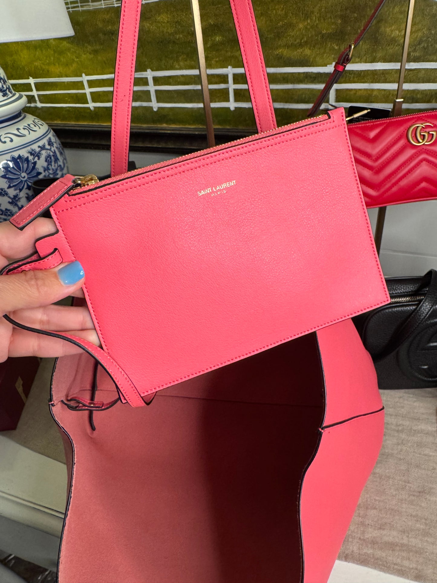 Saint Laurent pre loved pink leather shopper bag with clutch new ( store model)