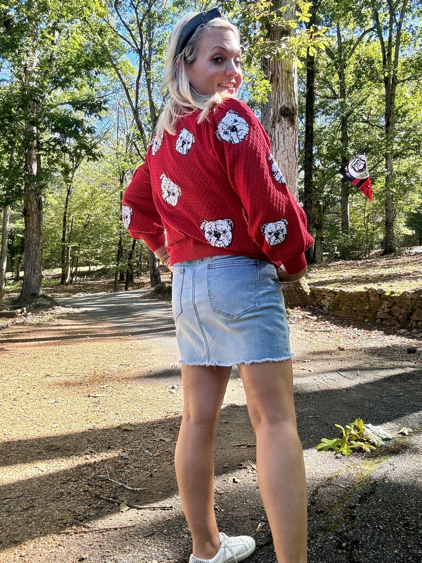 Sequin bulldog puff cardigan red UGA fall collection