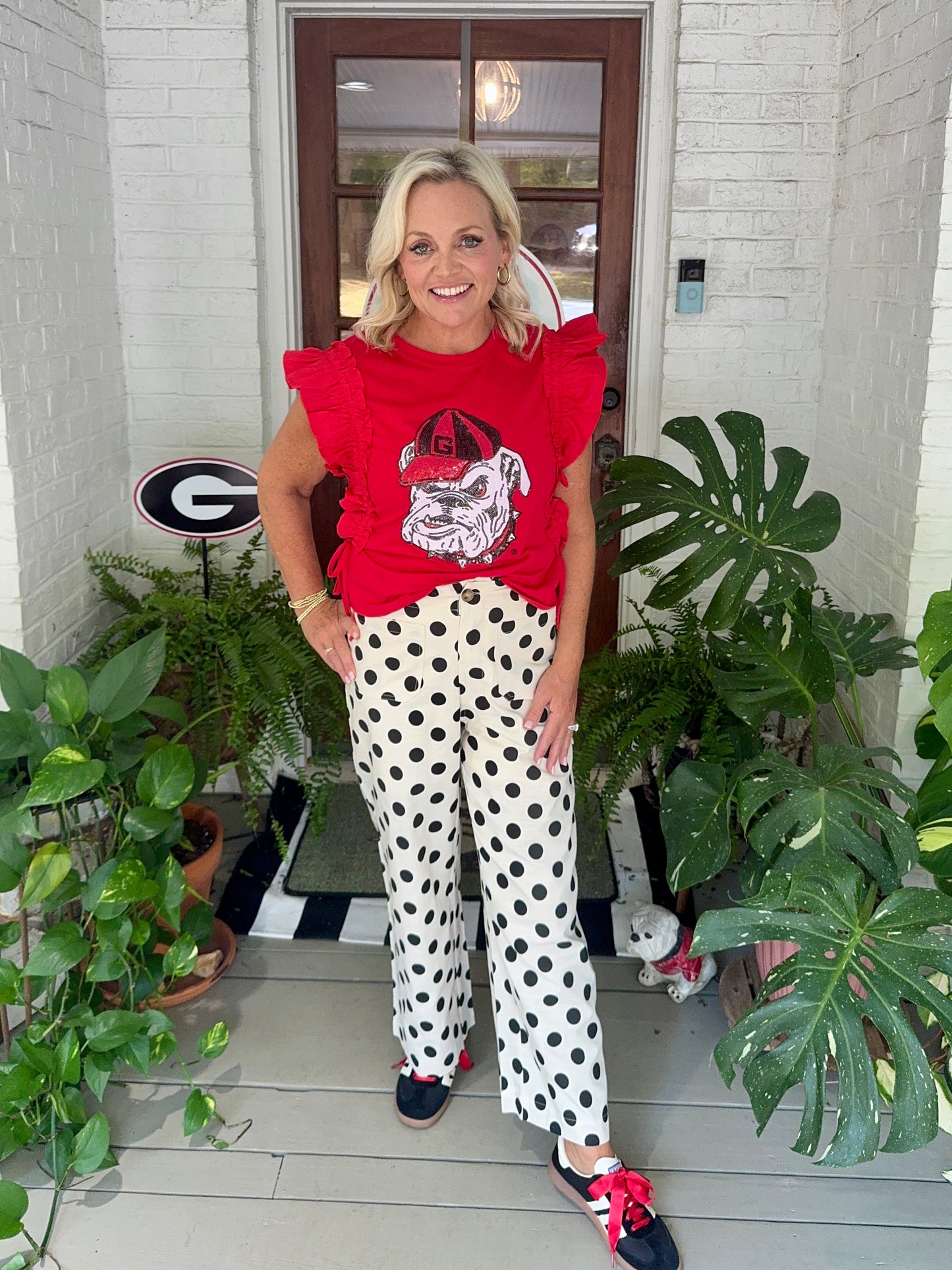 Ruffle Red top licensed with bulldog