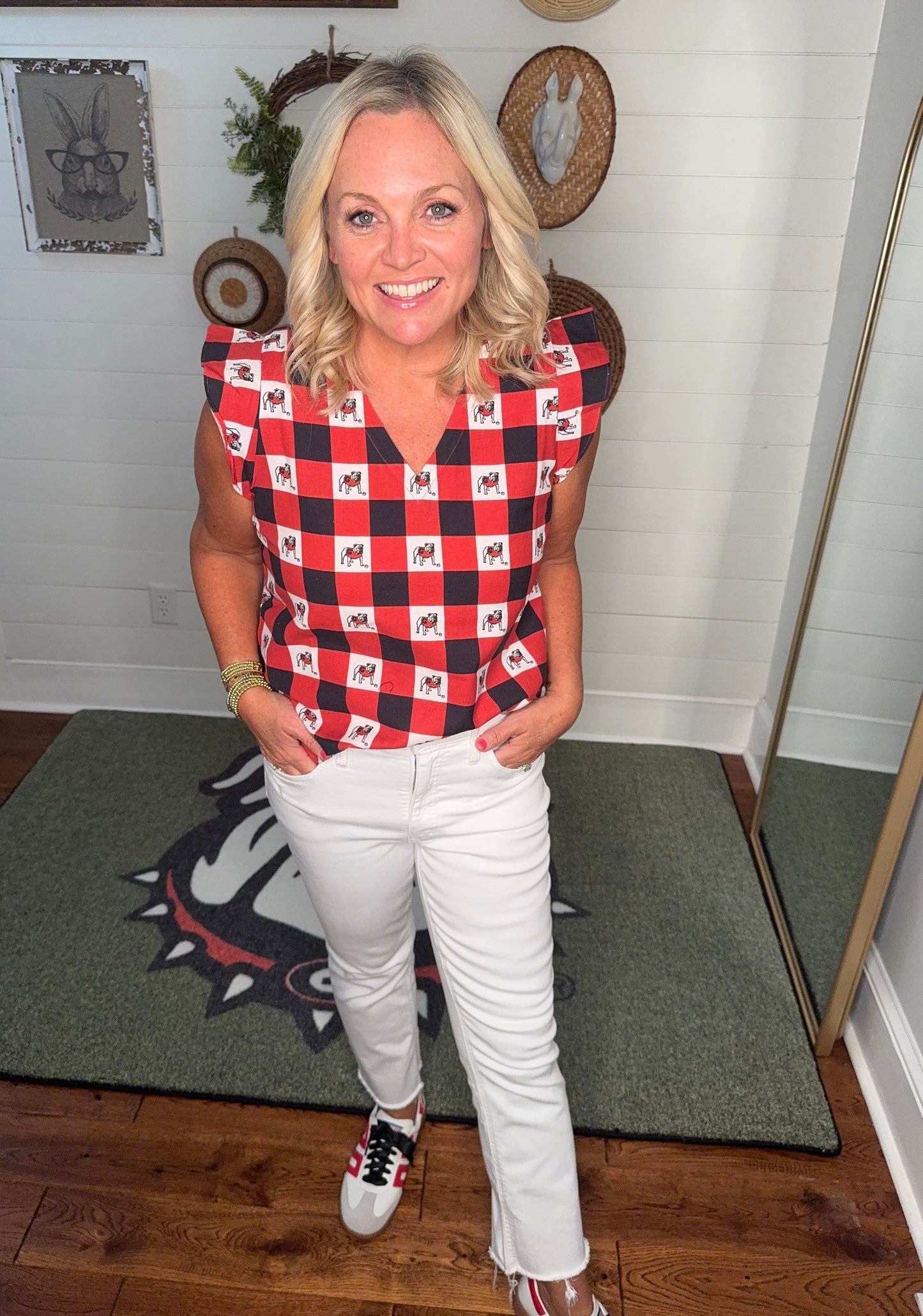 New Gingham ruffle top licensed bulldog
