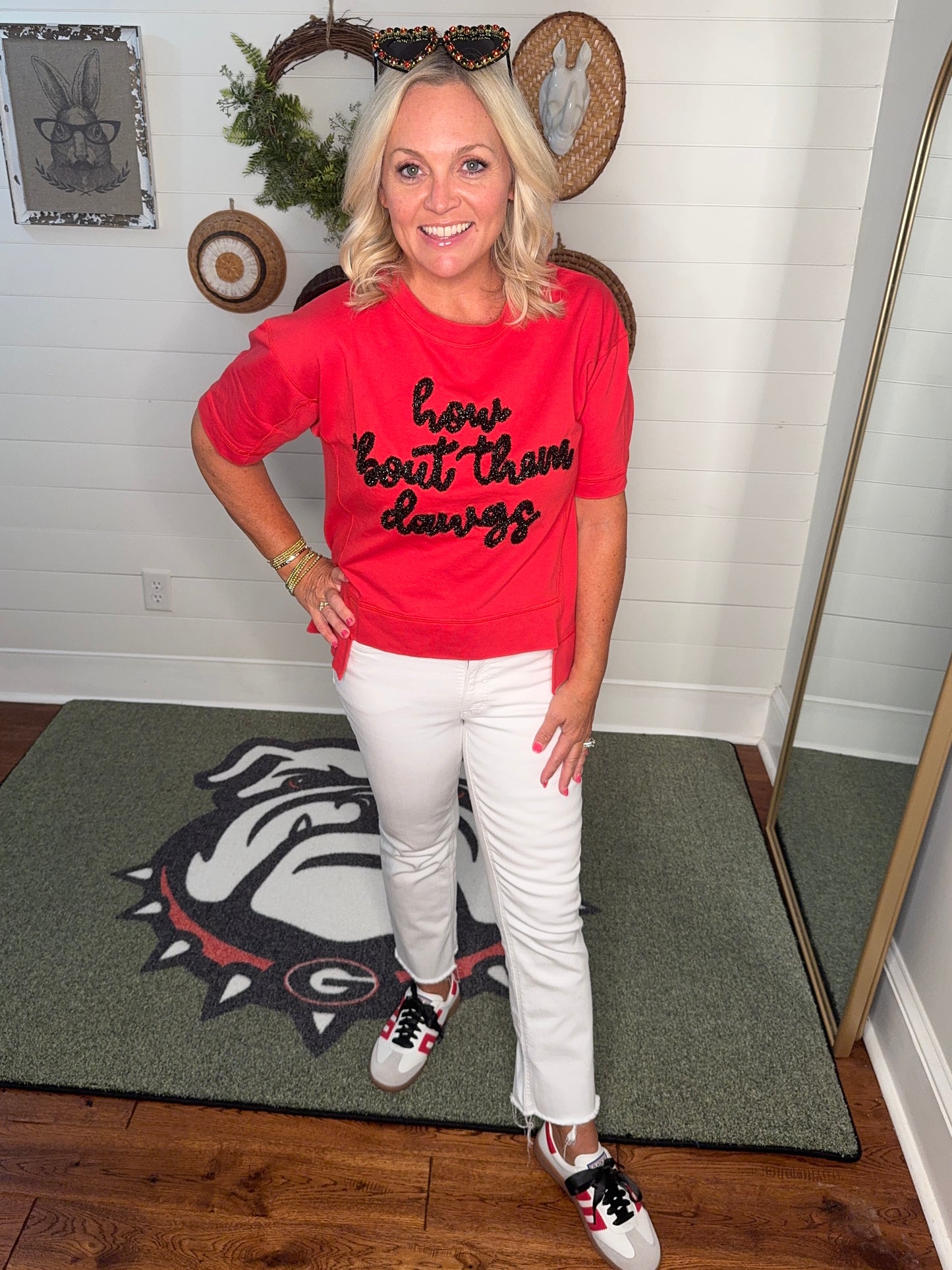 New Glitter script boxy red top “How bout them dawgs”
