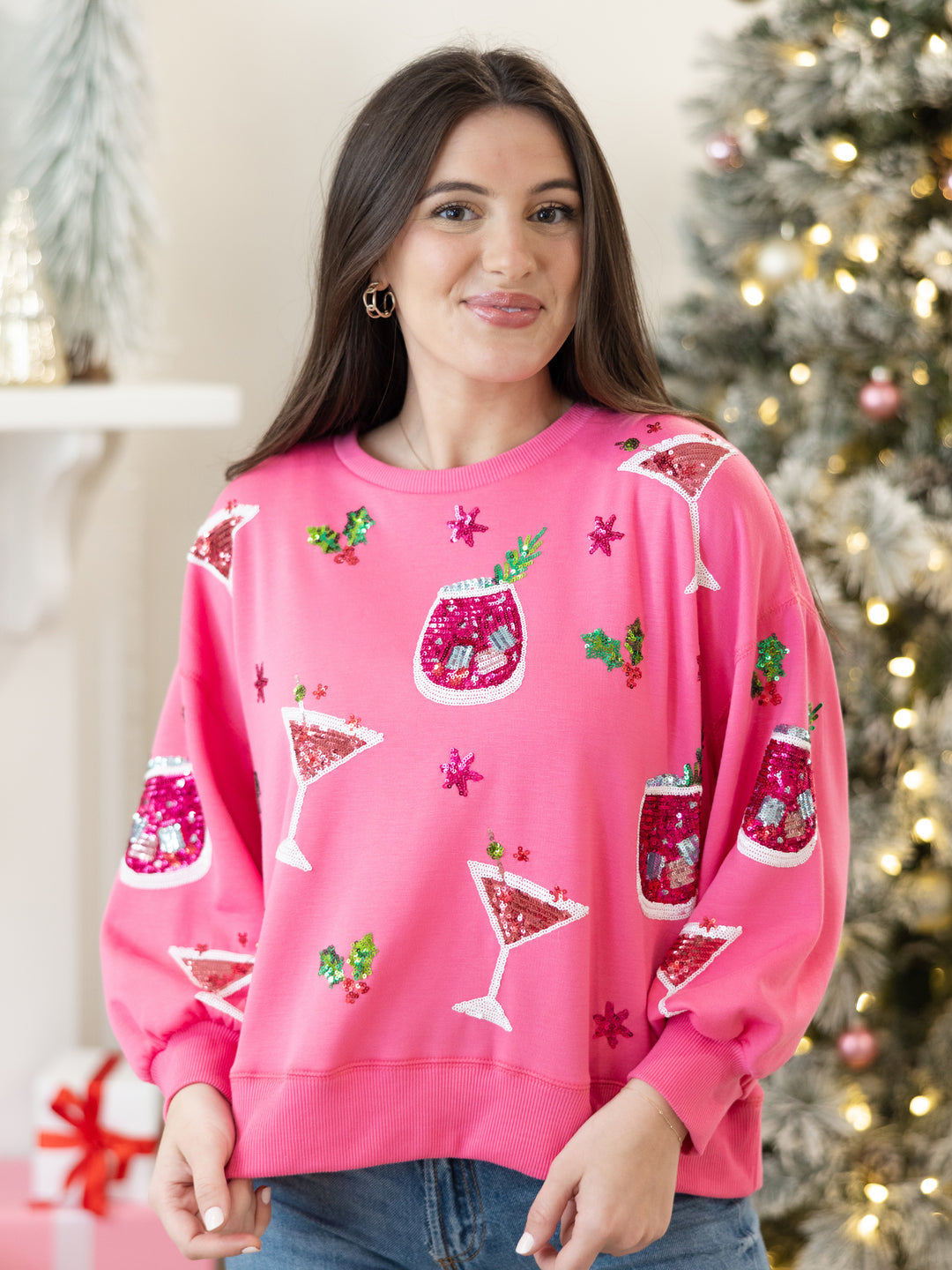 Boutique style sweatshirt martinis cocktails sequins Christmas oversized marked down Christmas