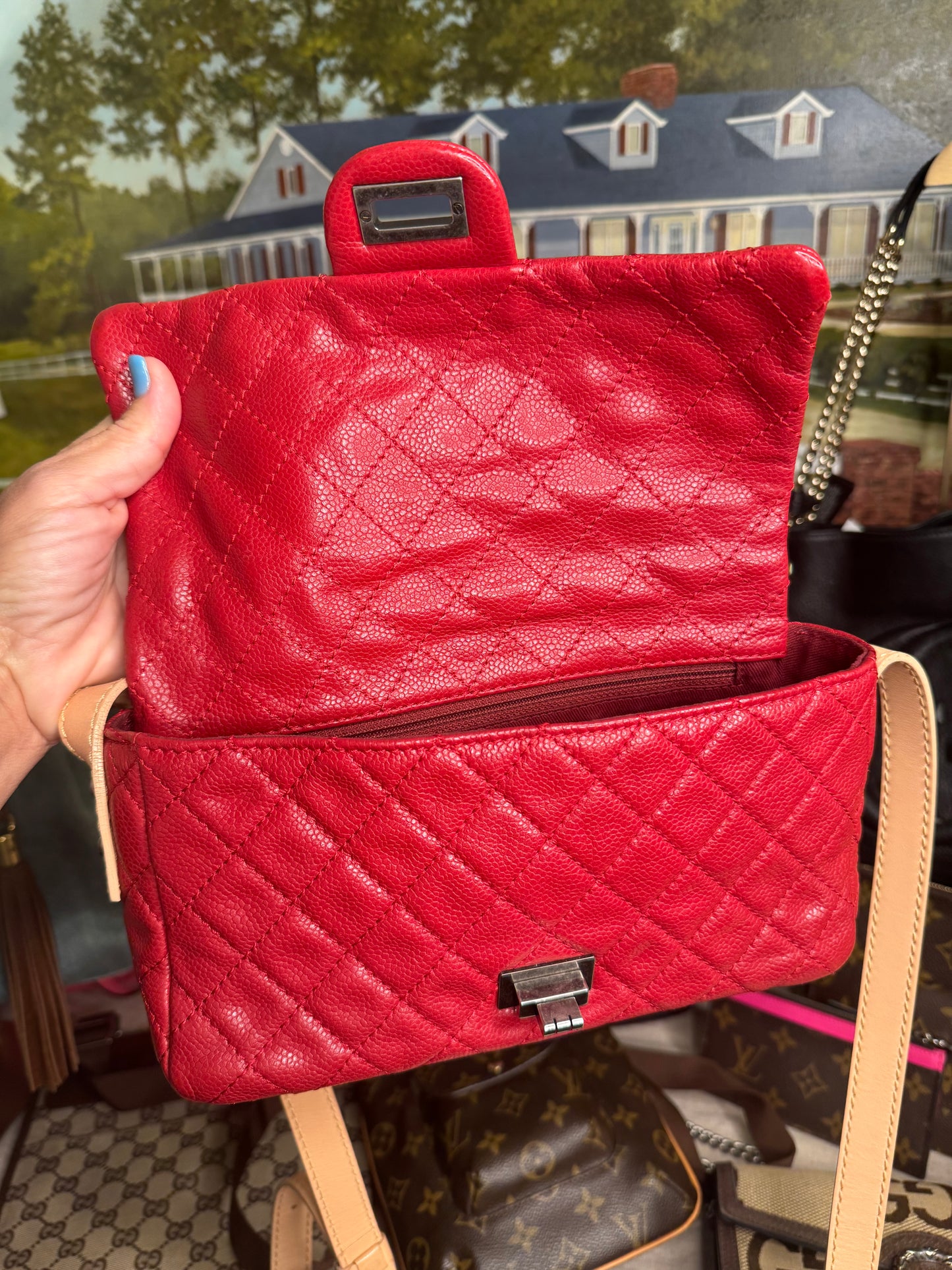 pre loved Chanel Red Hishige Caviar Shoulder Bag Silver Shoulder Back Bag Red Shoulder Bag Caviar (grained Calf) AB