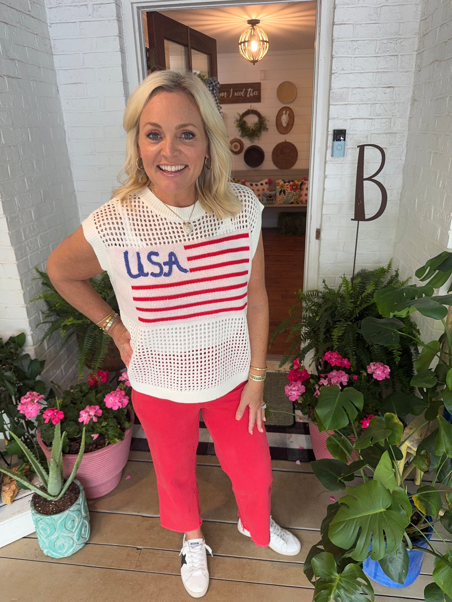 American flag light weight knit top sleeveless summer marked down