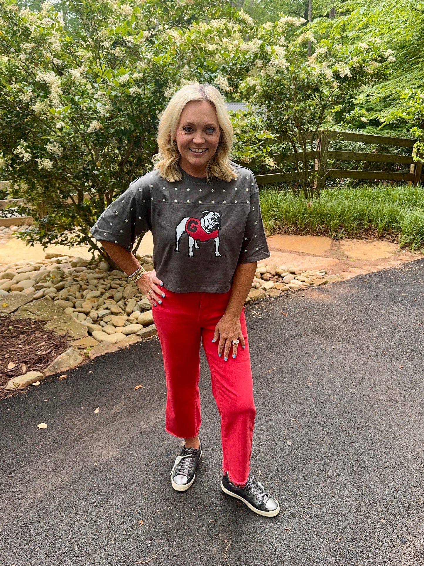 Cropped charcoal gray licensed bulldog top with rhinestones