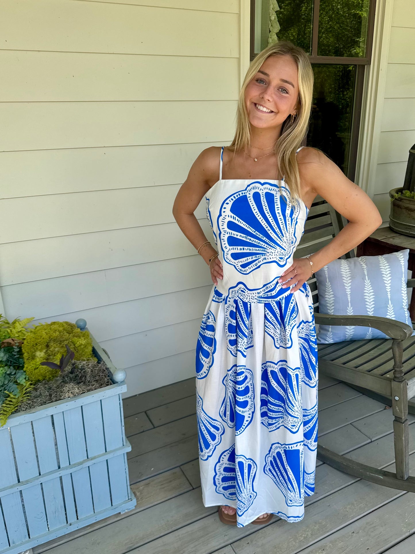 Summer long maxi dress blue and white shell marked down