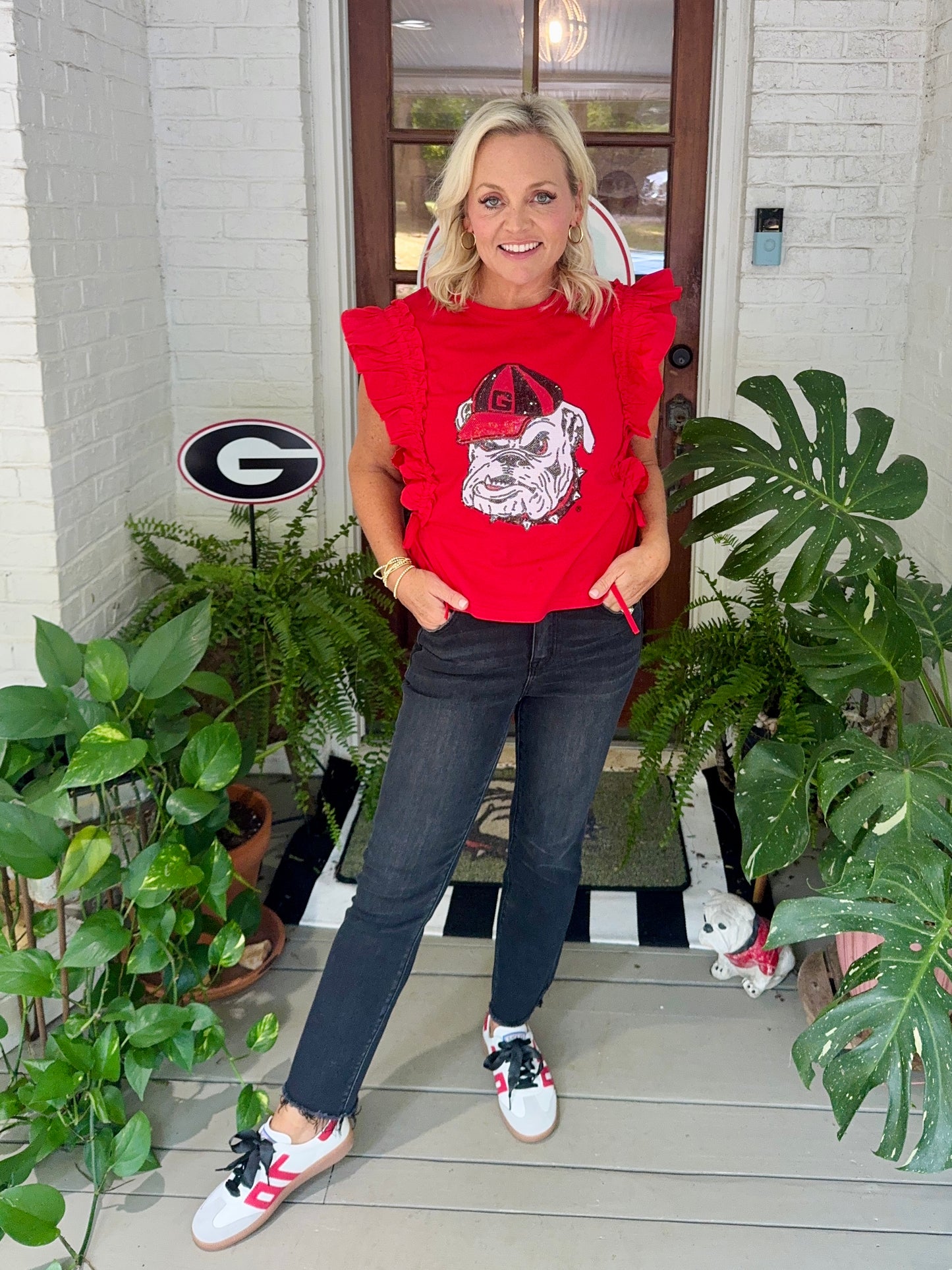 Ruffle Red top licensed with bulldog