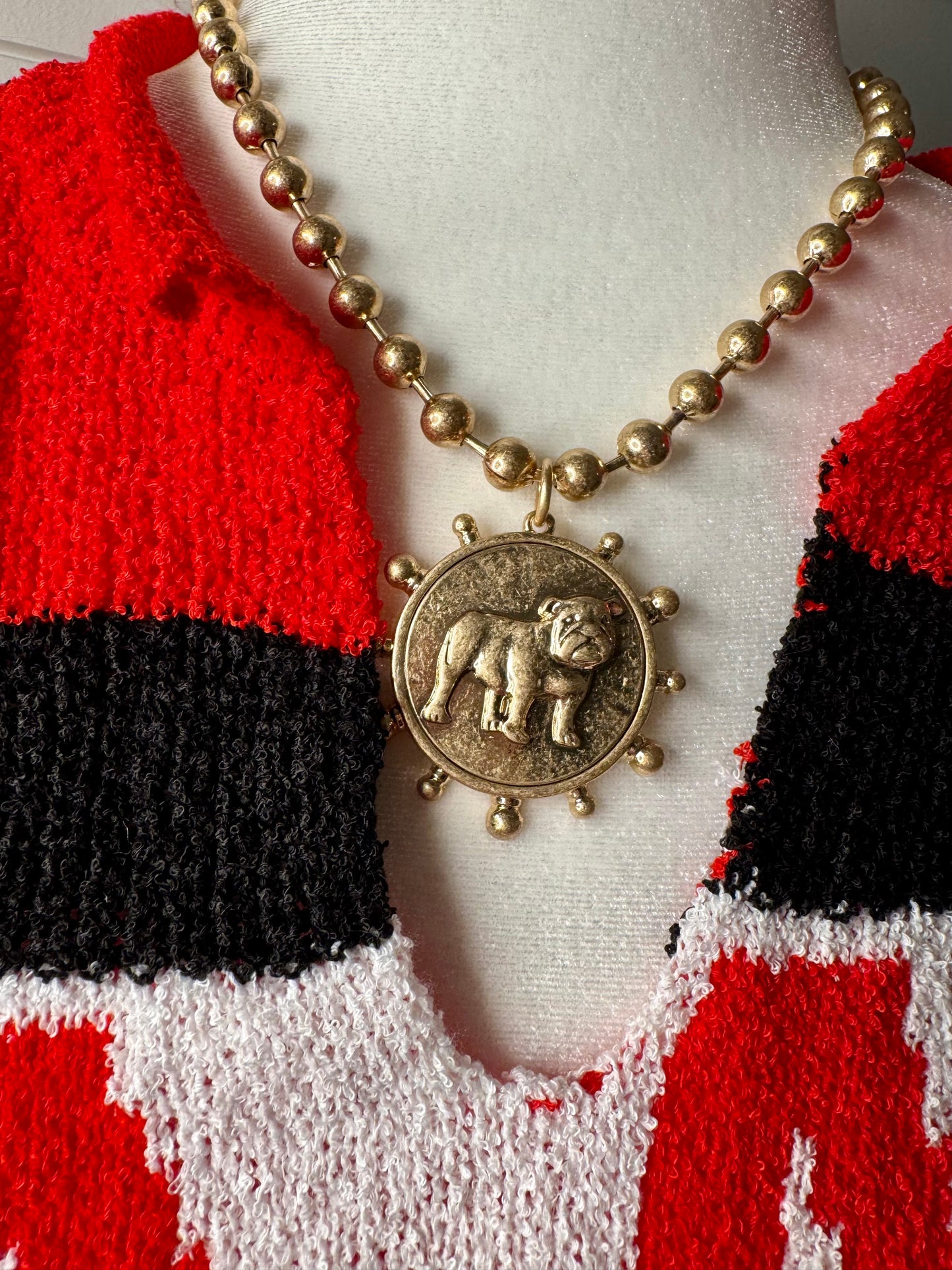 Silver or gold bulldog medallion beaded necklace