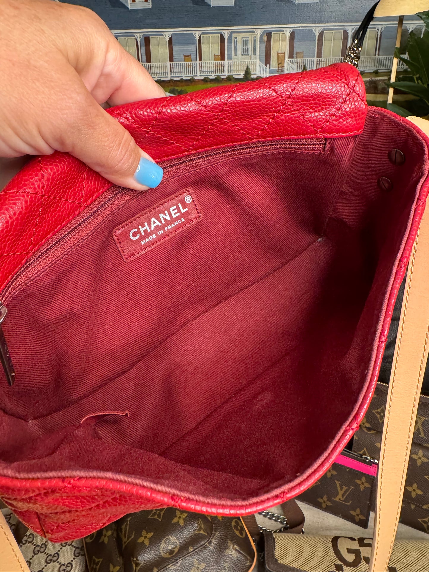 pre loved Chanel Red Hishige Caviar Shoulder Bag Silver Shoulder Back Bag Red Shoulder Bag Caviar (grained Calf) AB