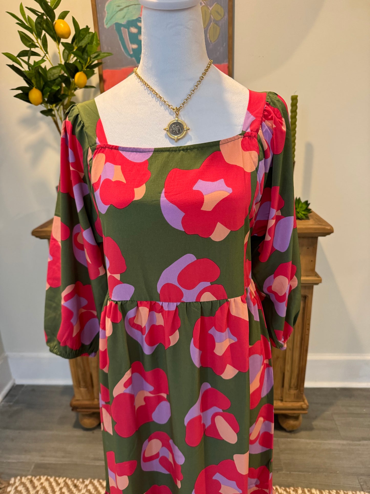 boutique dress floral olive green