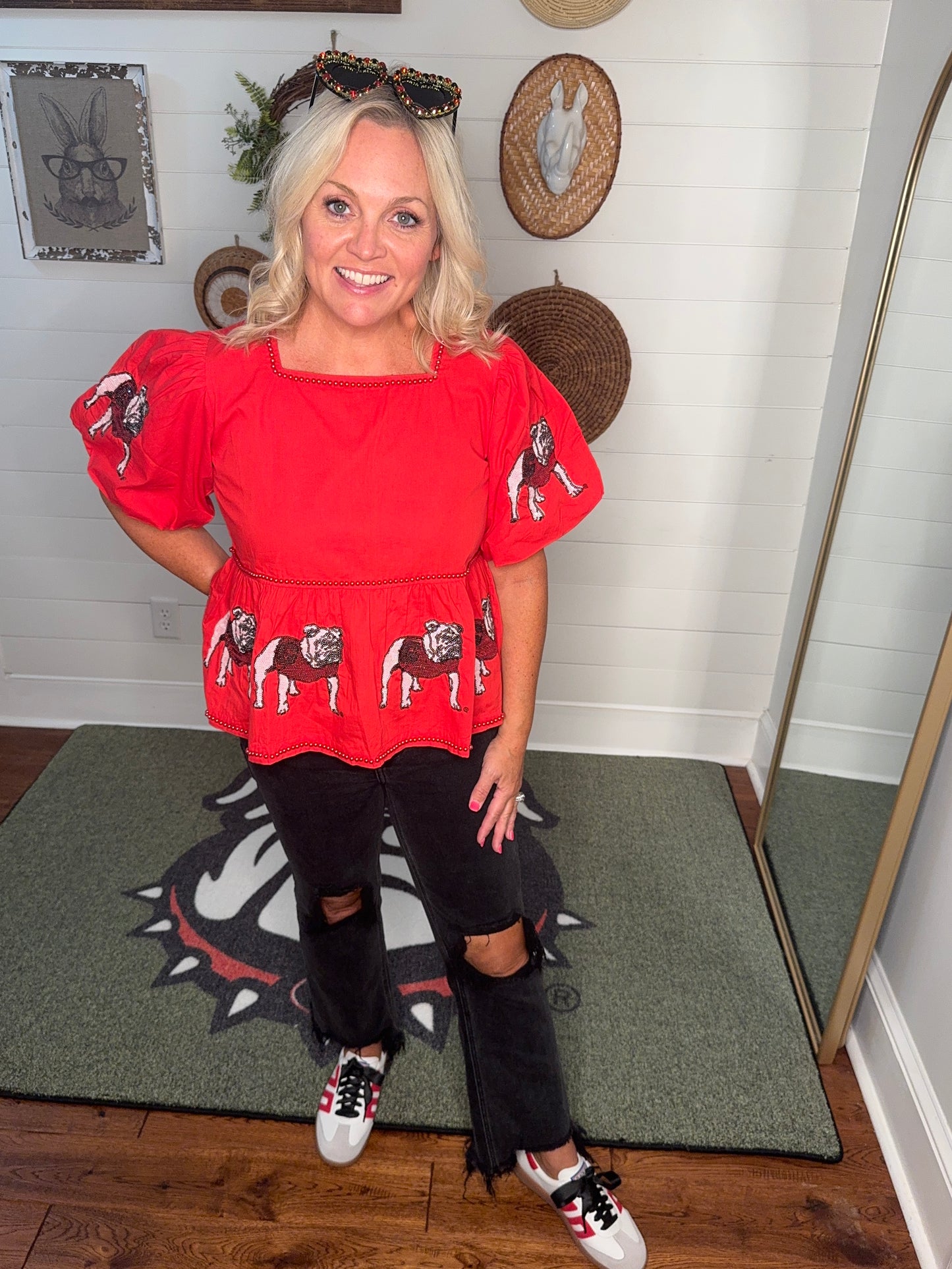 New Sequin bulldog peplum top red licensed lined with red pearl beads