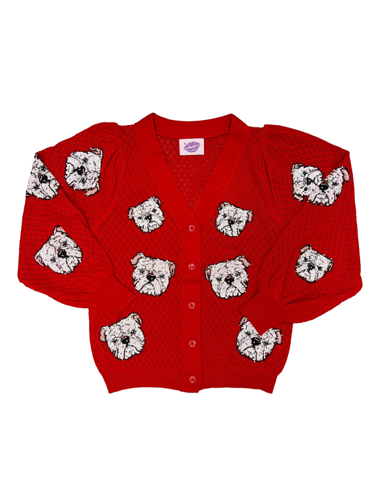 Sequin bulldog puff cardigan red UGA fall collection
