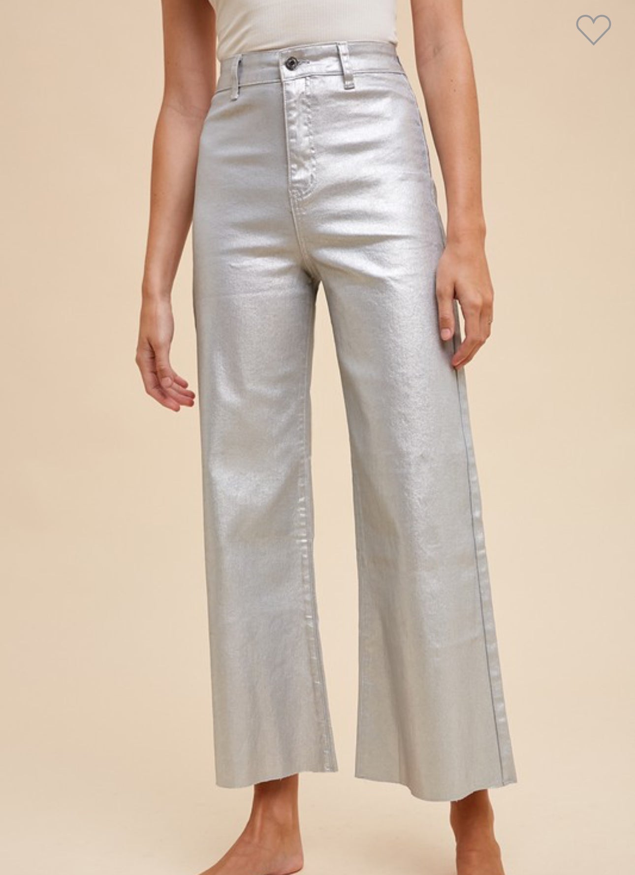 Stretch high rise wide leg cropped metalic silver