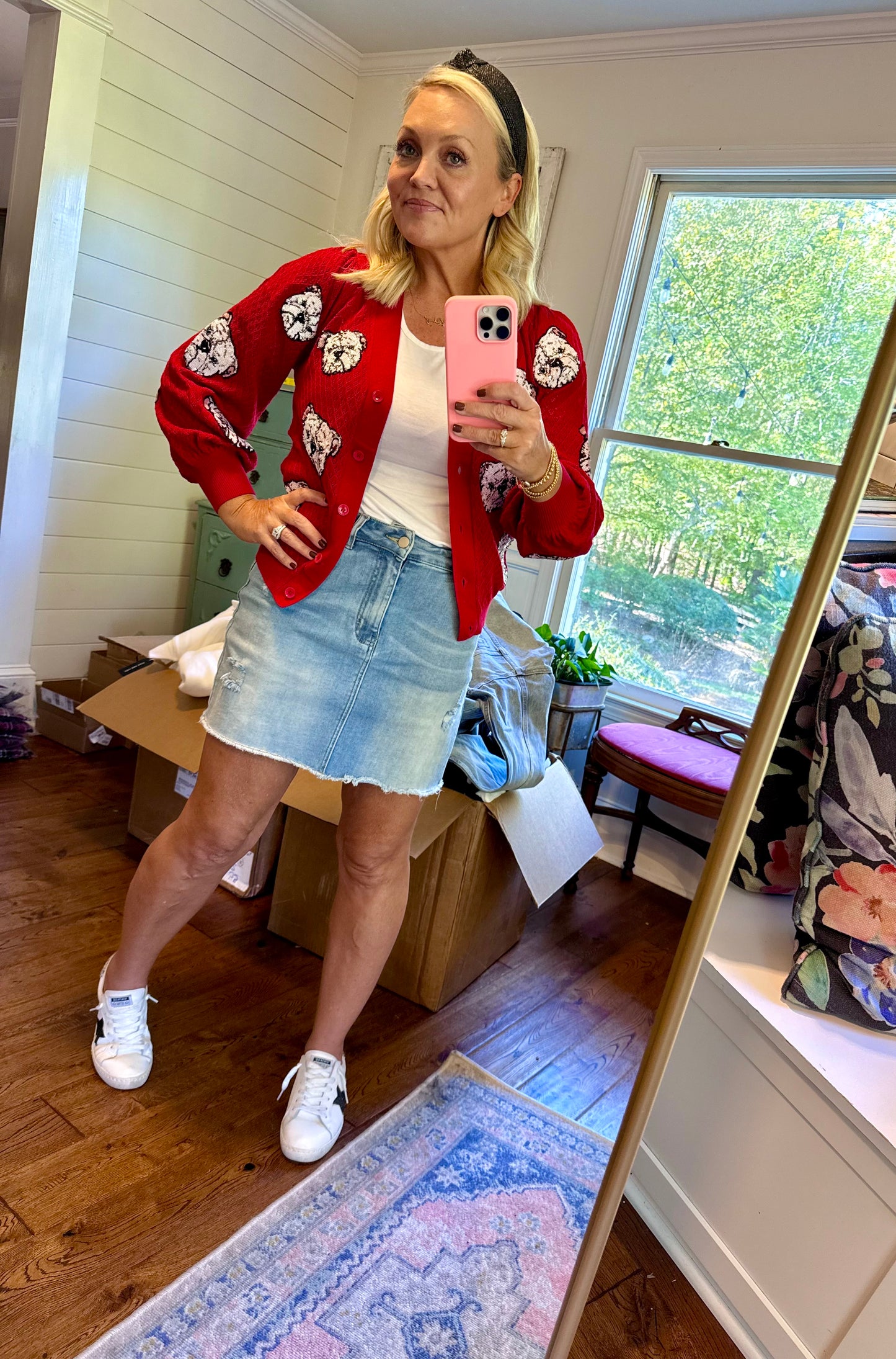 Sequin bulldog puff cardigan red UGA fall collection