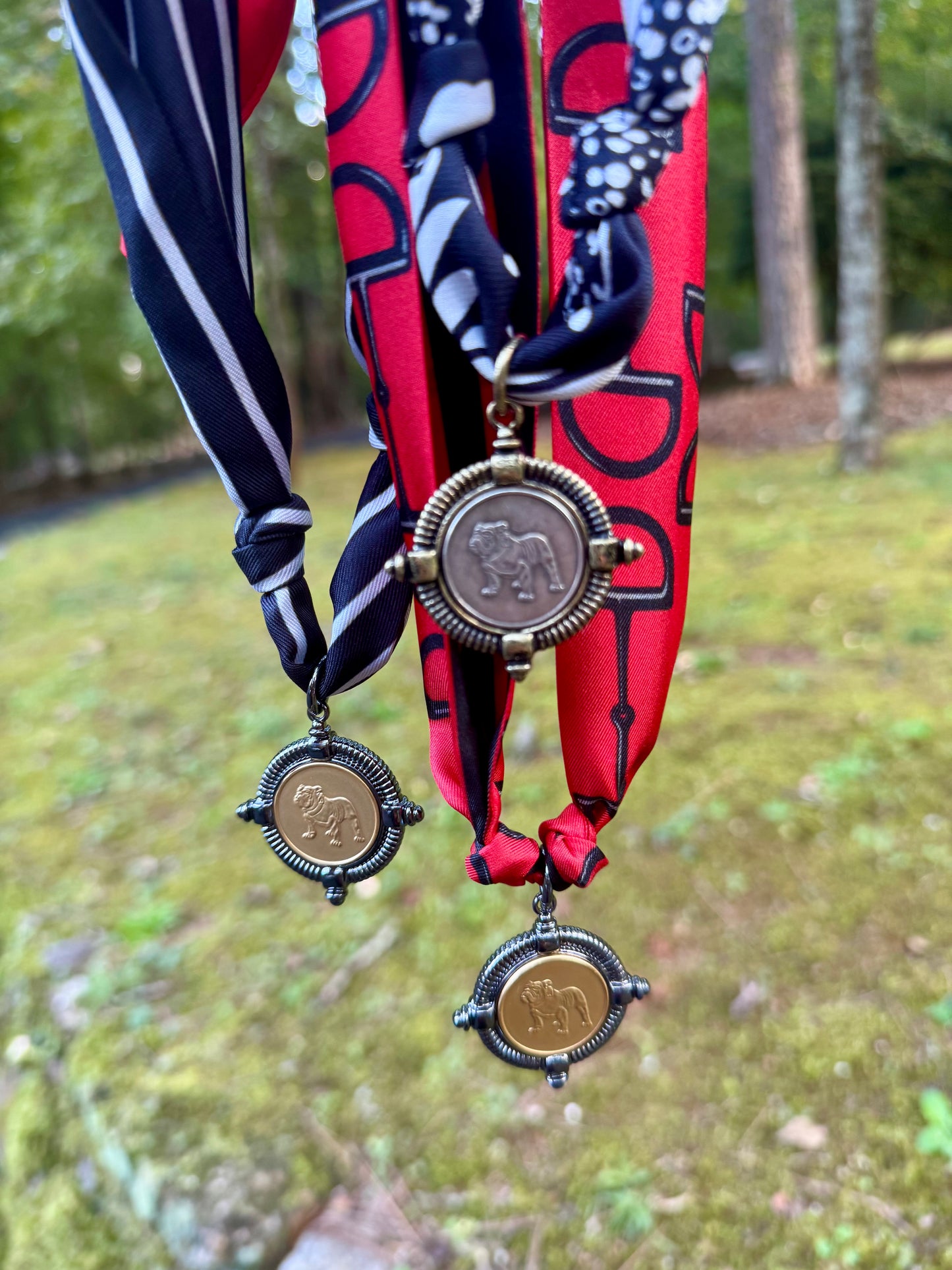 Scarf necklace with gold/brass bulldog coin charm or Silver charm