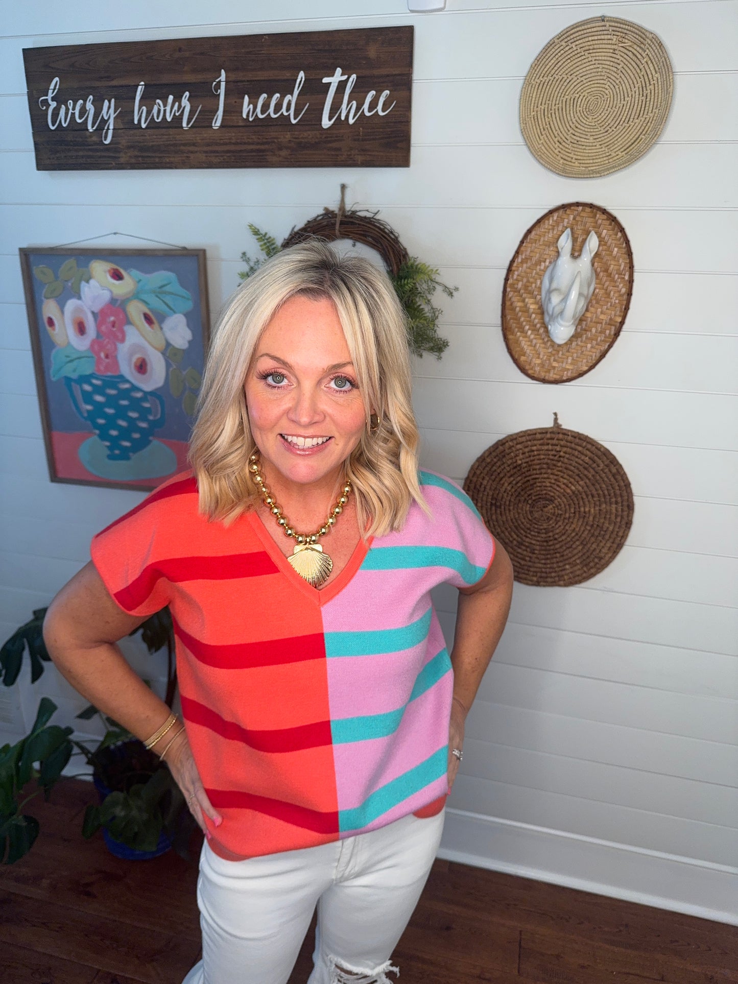 Sweater top stripe color block marked down