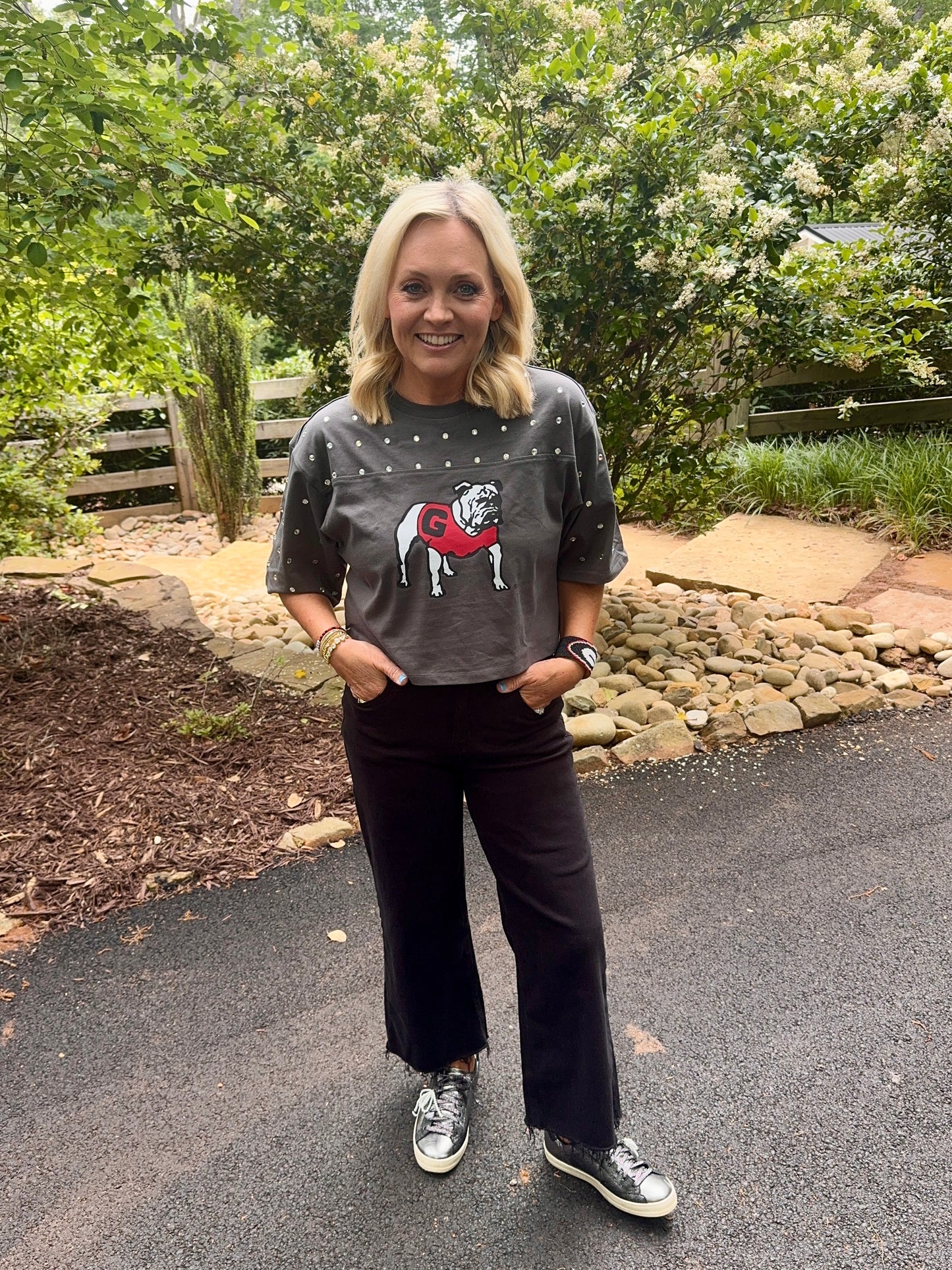 Cropped charcoal gray licensed bulldog top with rhinestones