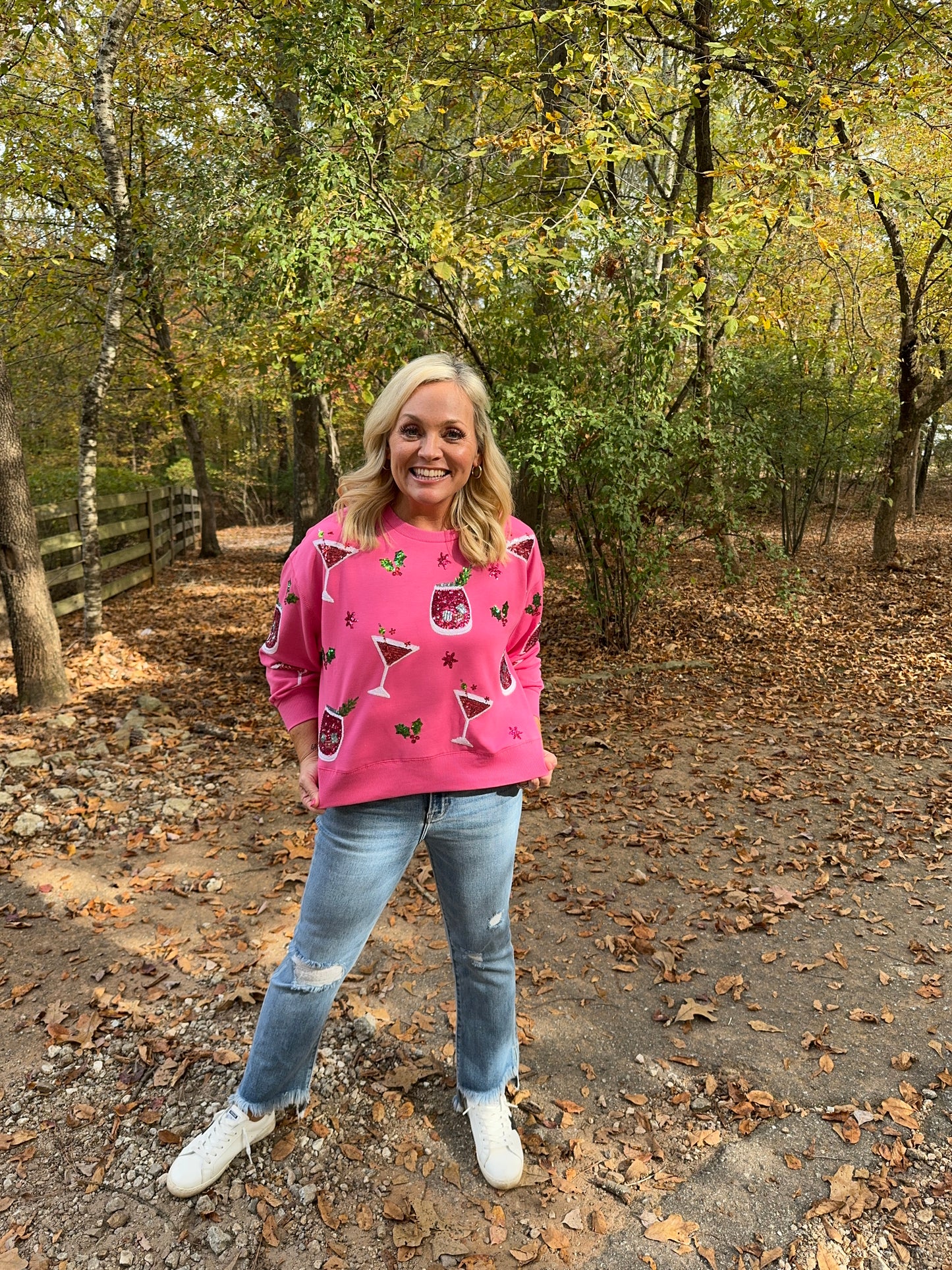 Boutique style sweatshirt martinis cocktails sequins Christmas oversized marked down Christmas
