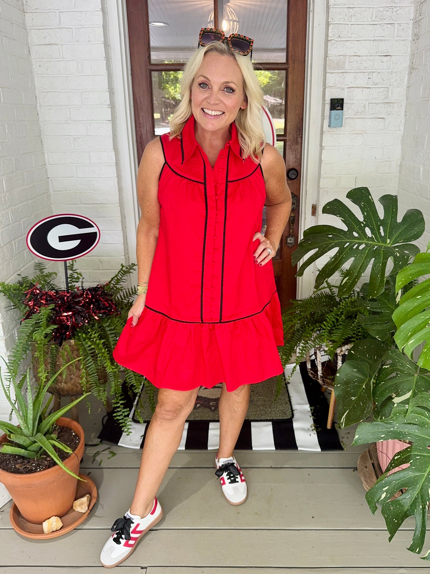 Collared shirt dress red with black trim