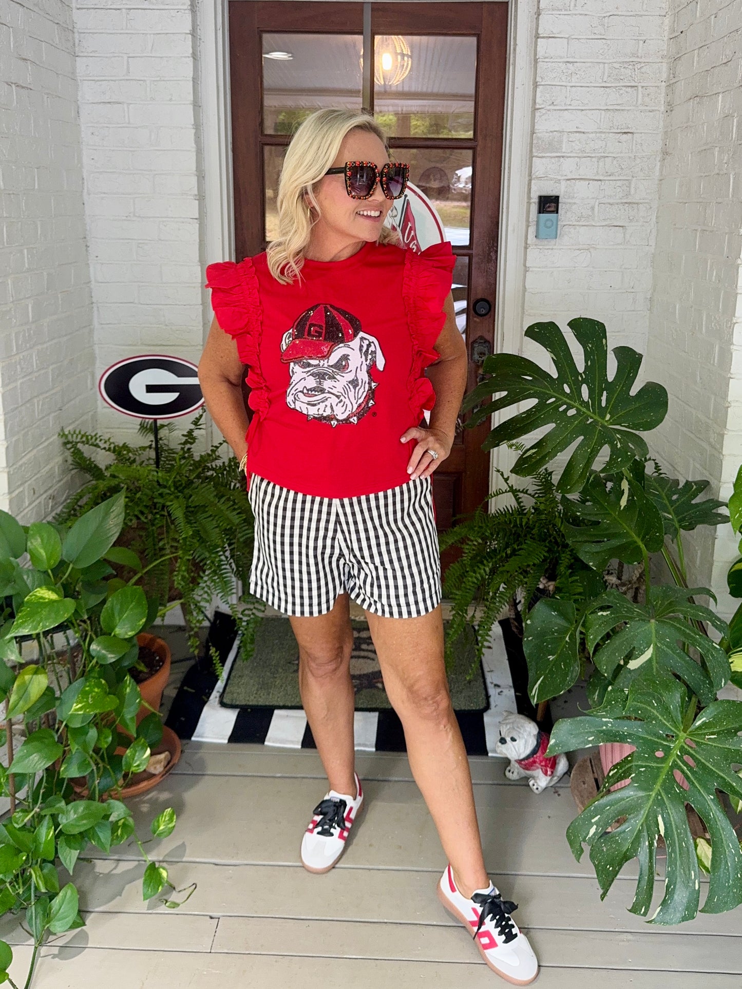 Ruffle Red top licensed with bulldog