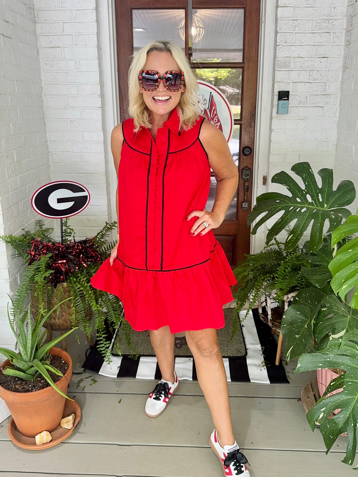 Collared shirt dress red with black trim
