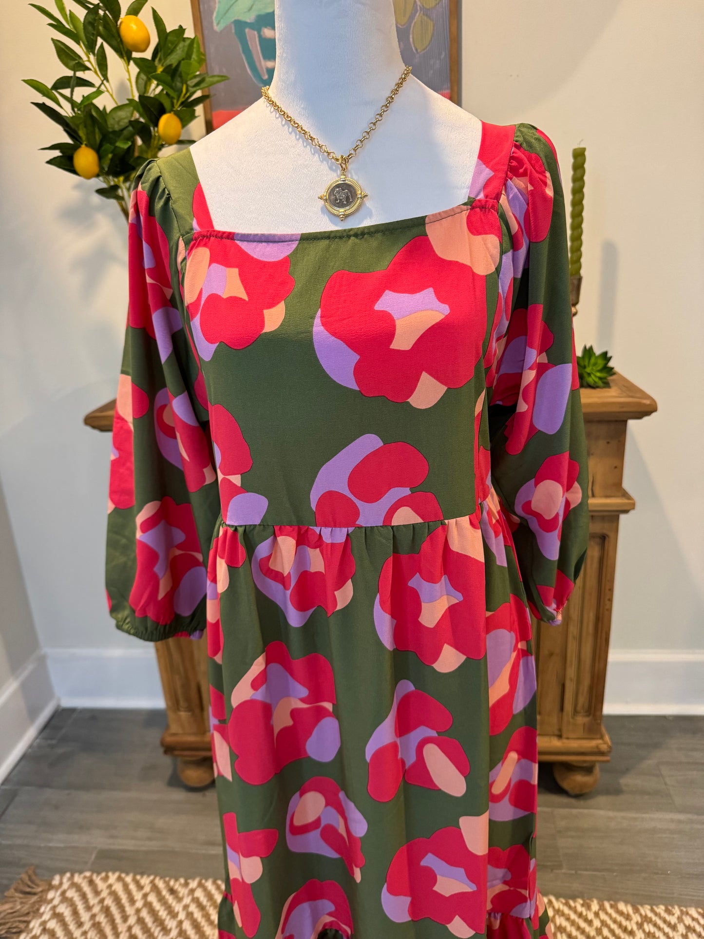 boutique dress floral olive green