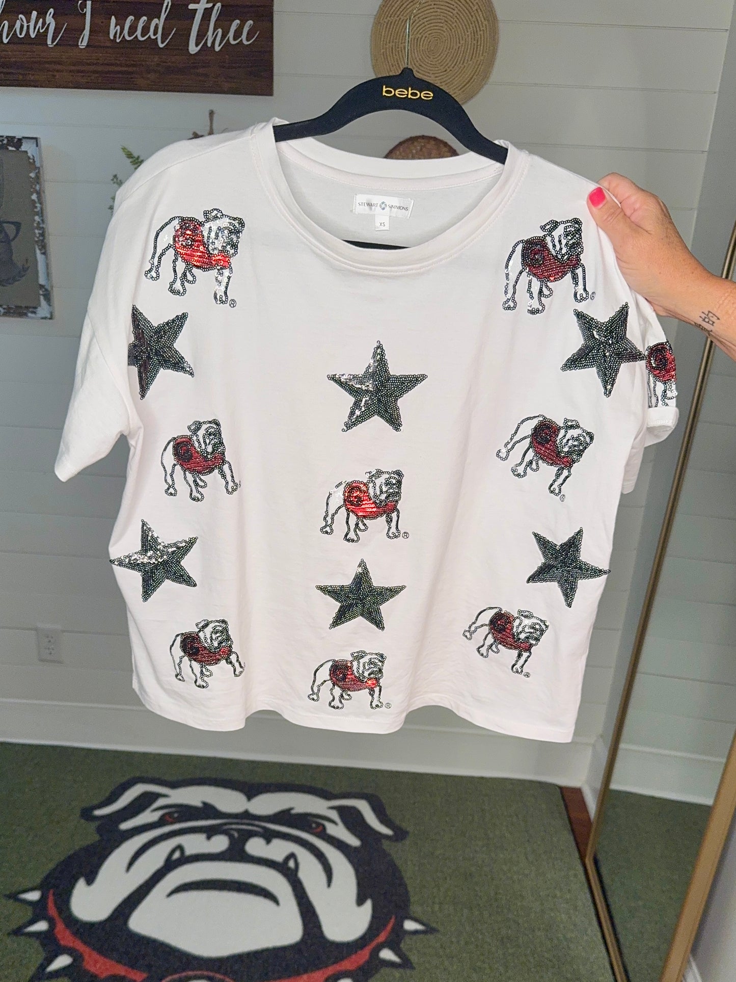 New White boxy tee with all over sequin bulldog licensed