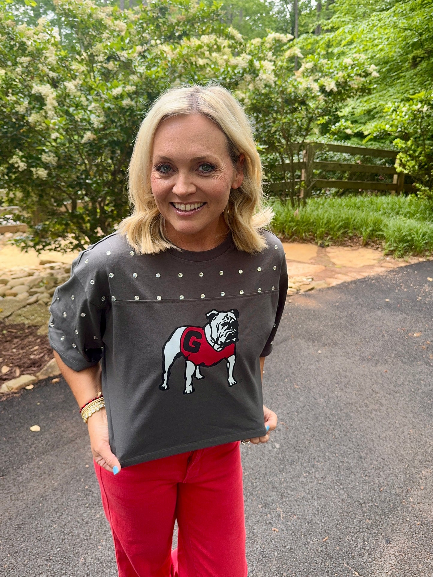 Cropped charcoal gray licensed bulldog top with rhinestones