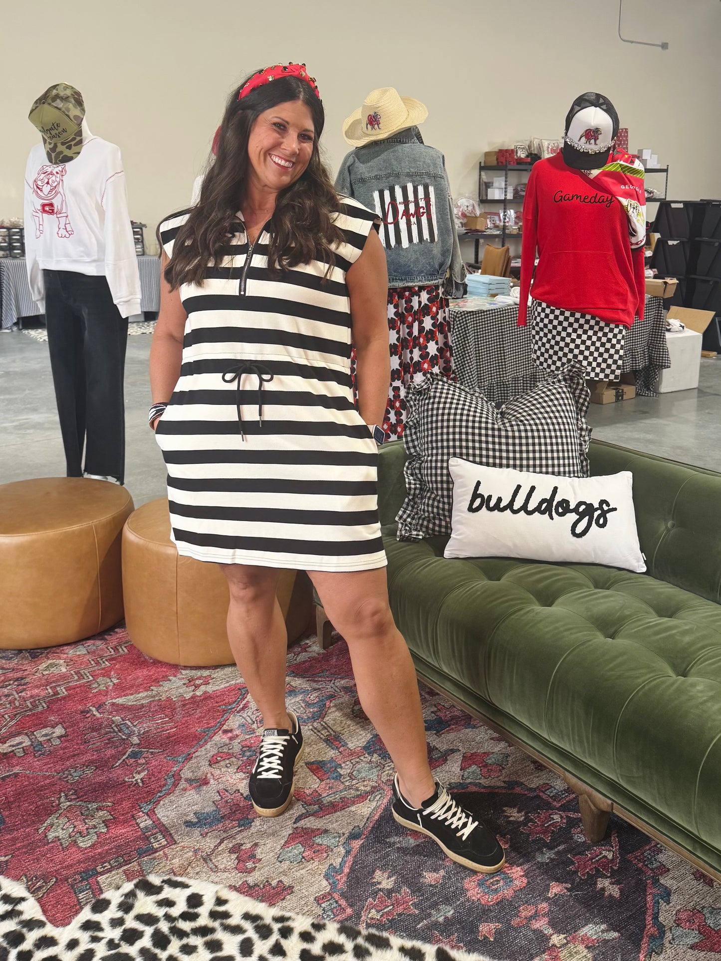 New knit dress black and white cream stripe