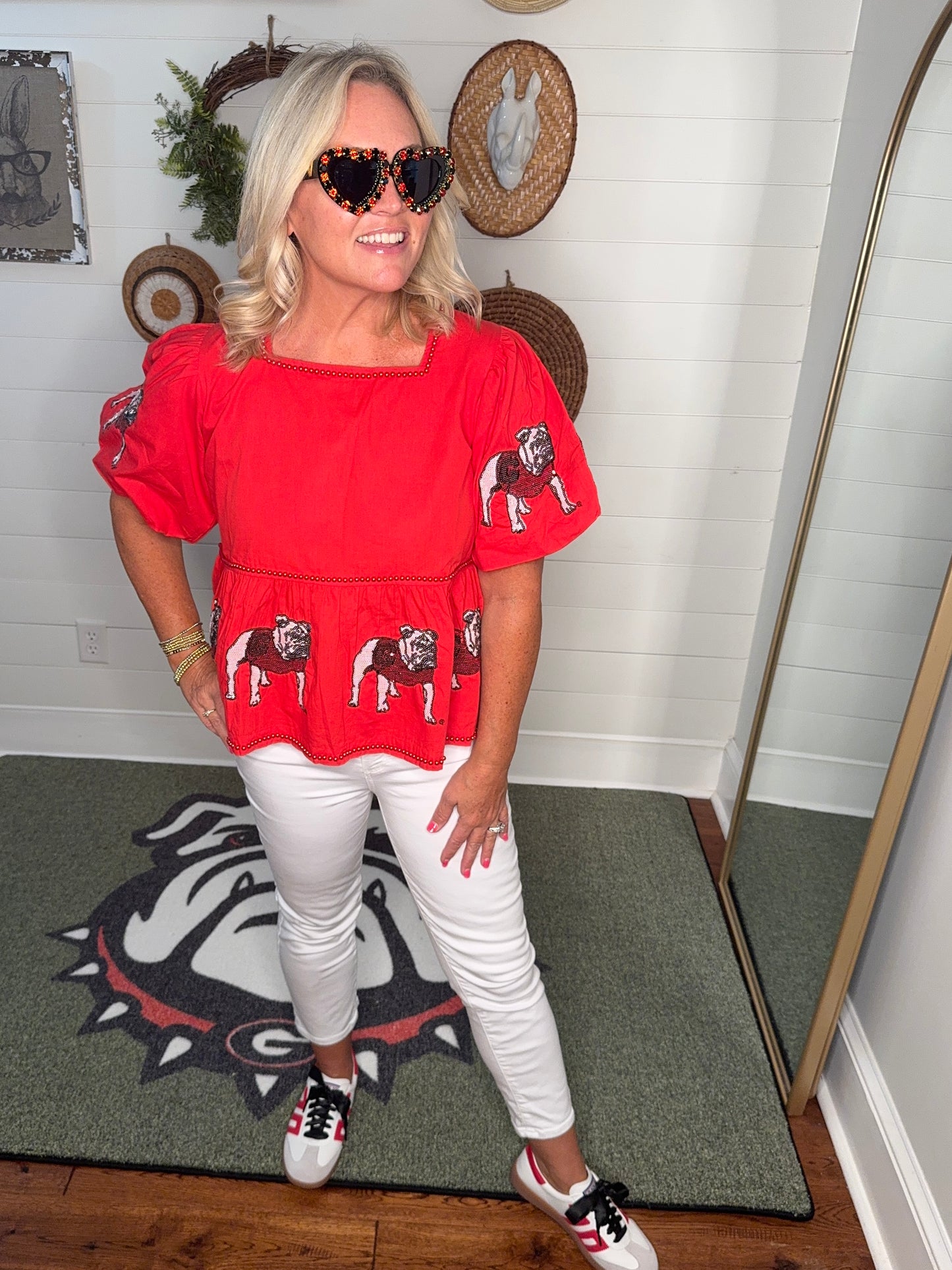New Sequin bulldog peplum top red licensed lined with red pearl beads