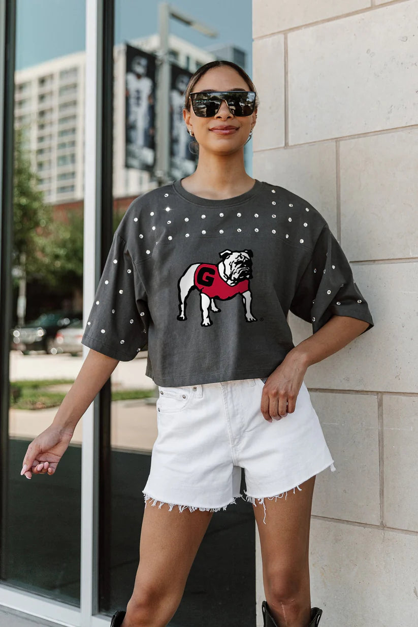 Cropped charcoal gray licensed bulldog top with rhinestones