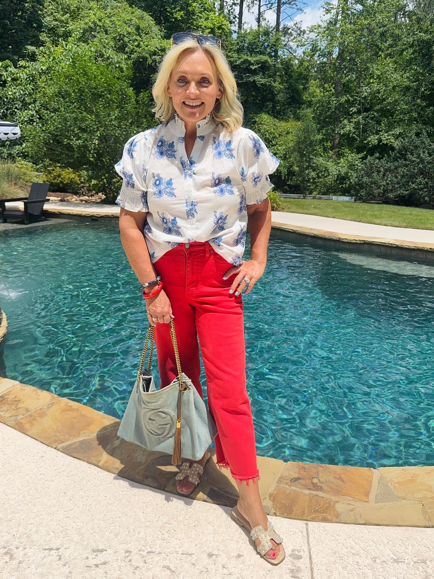 Blue and white floral summer blouse marked down