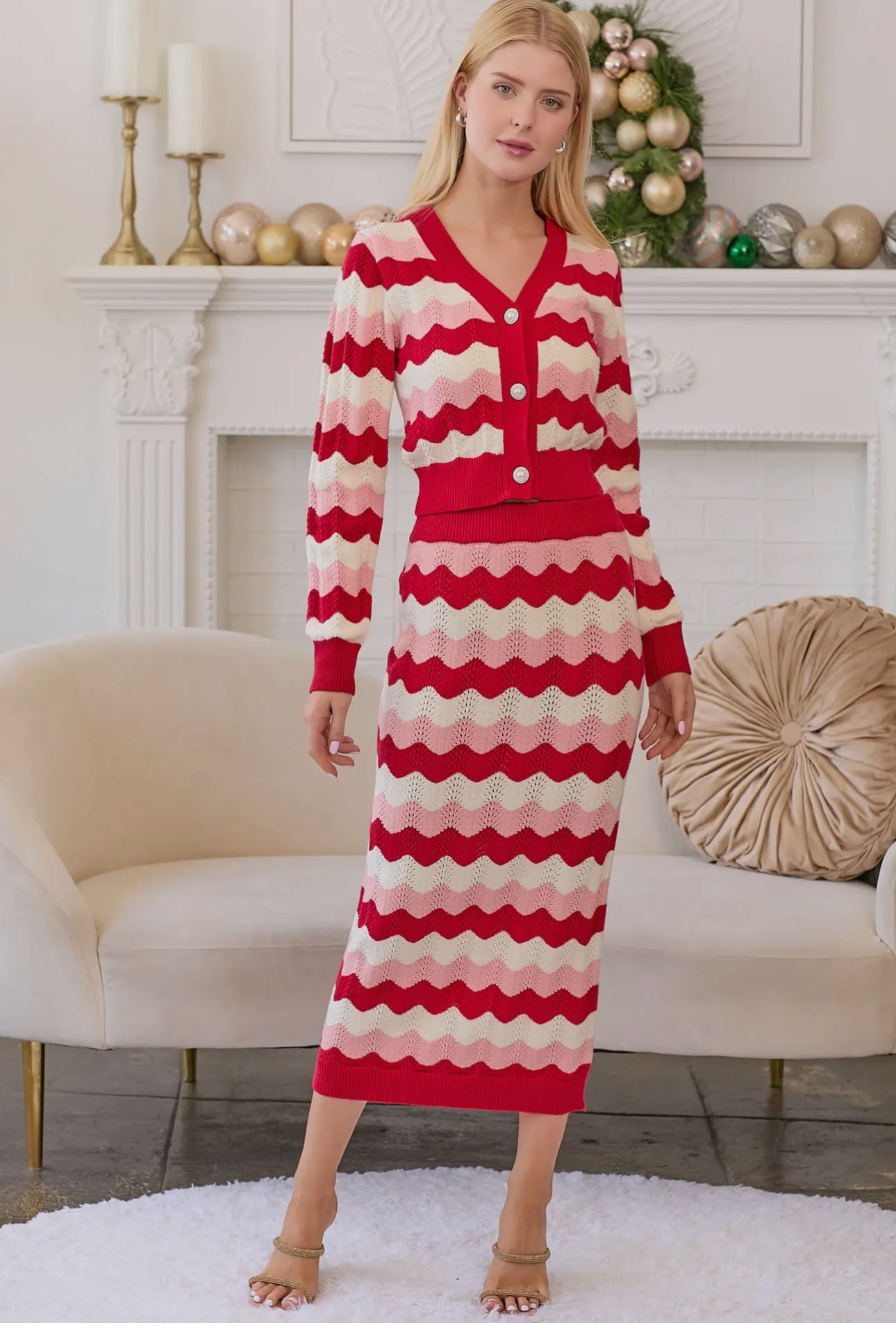 Ric rac sweater cropped cardigan pink red and white warehouse clearance sale marked down