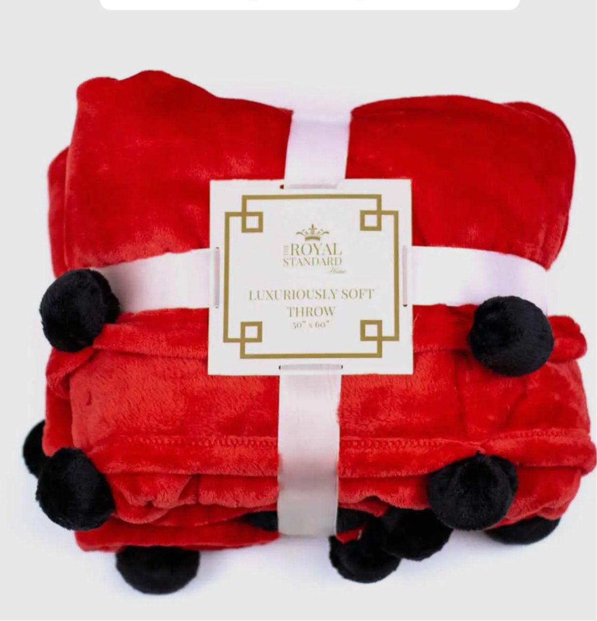Red and black pom pom throw marked down