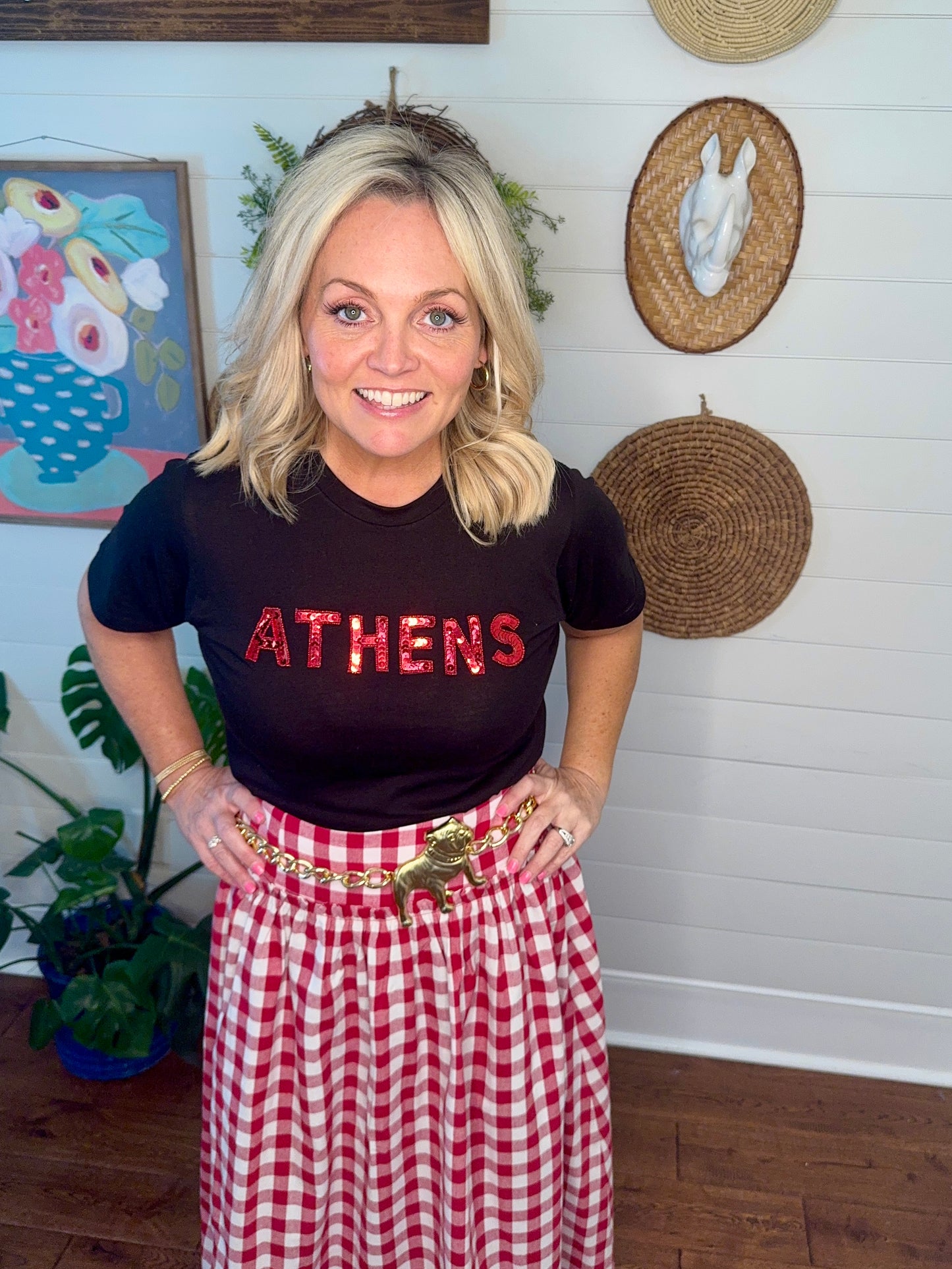 red and white checked skirt
