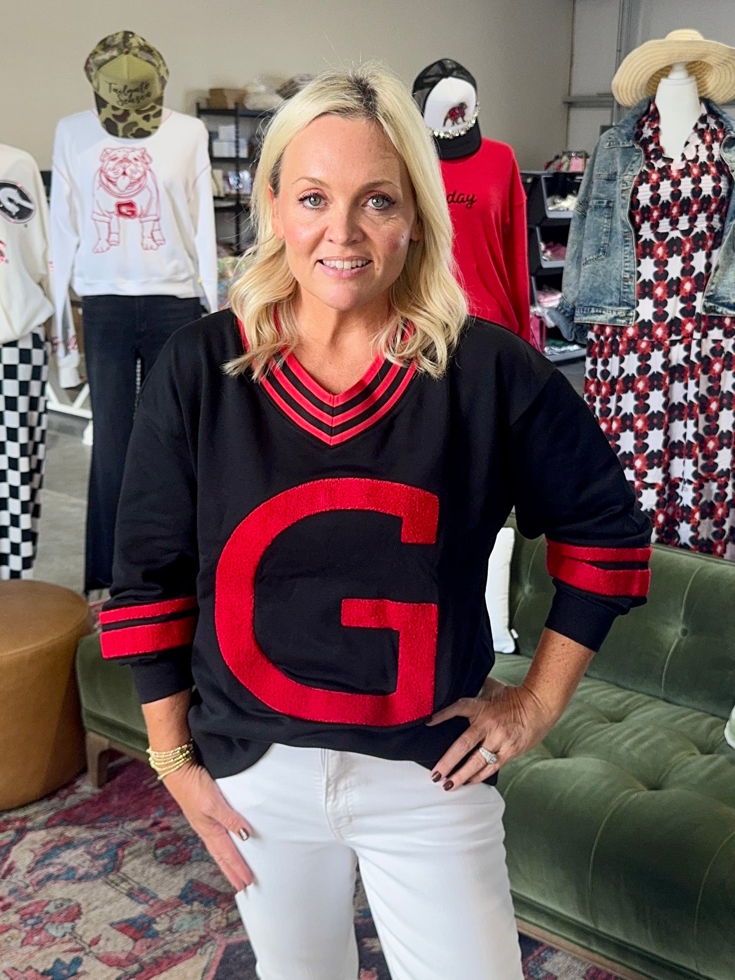 Black pullover with Giant red fuzzy G