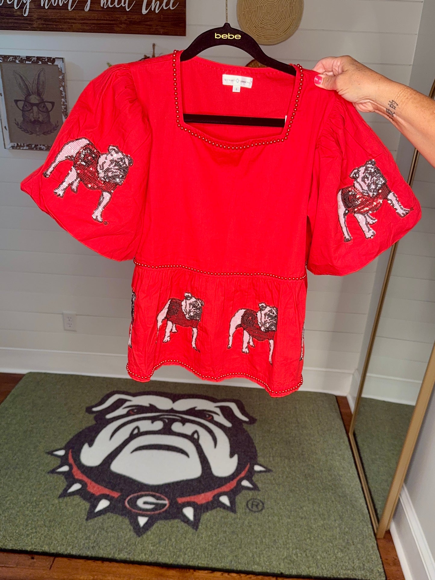 New Sequin bulldog peplum top red licensed lined with red pearl beads