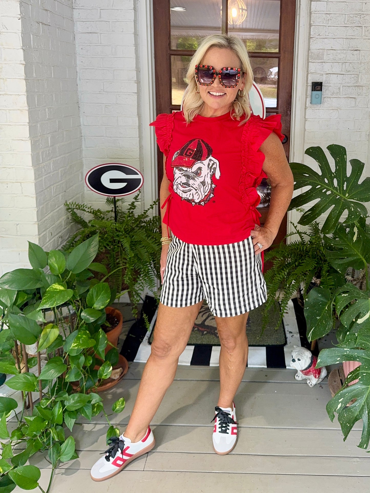Ruffle Red top licensed with bulldog