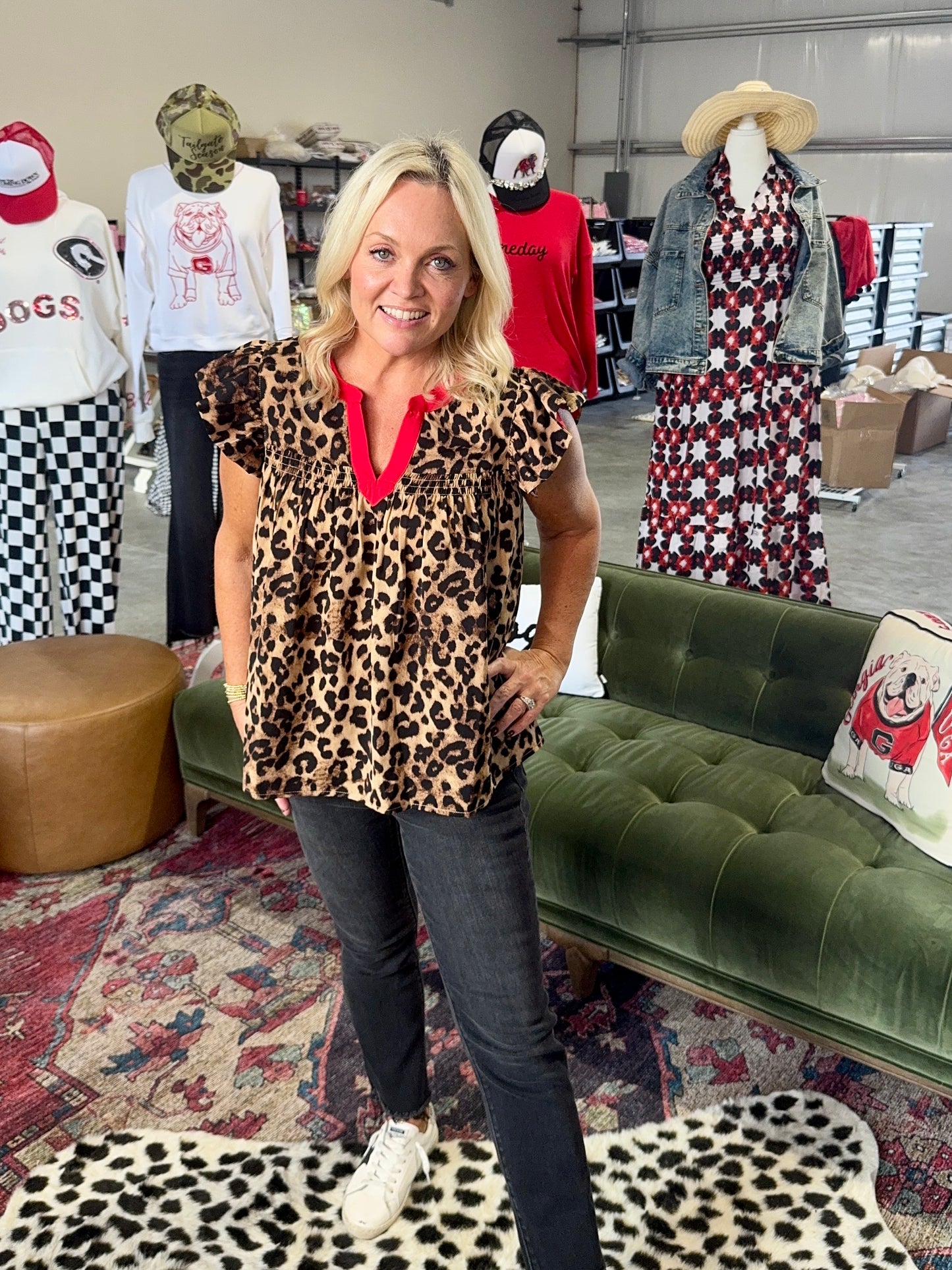 Leopard flowy top with red trim up to 3XL