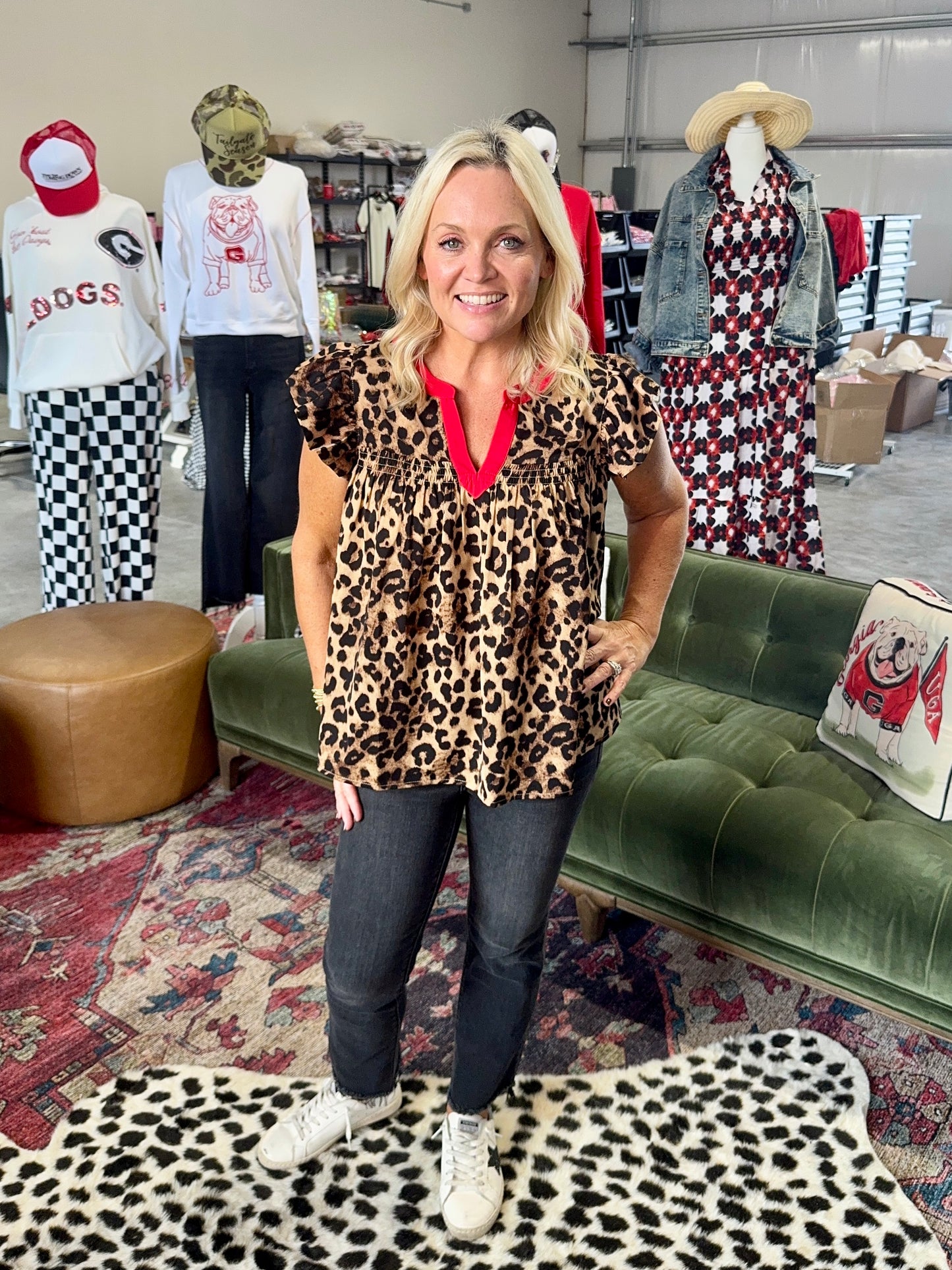 Leopard flowy top with red trim up to 3XL