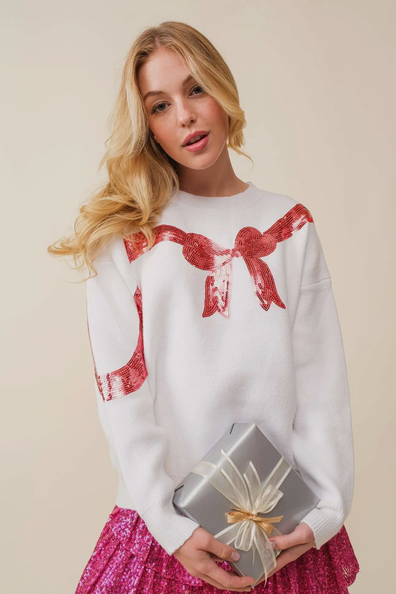 Marked down White sweater red sequin bow Christmas up to size 3X!