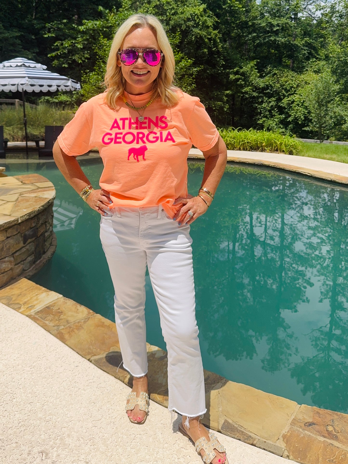 Neon orange peach shirt with hot pink Athens summer T-shirt