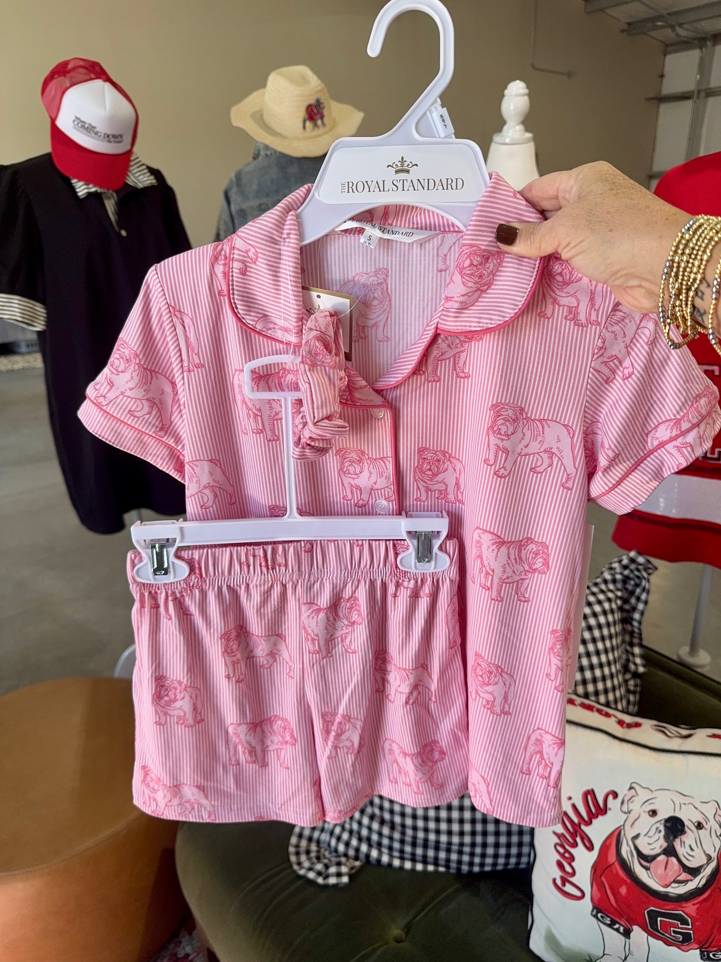 Pink bulldog little girls sleep set shorts, top and scrunchie