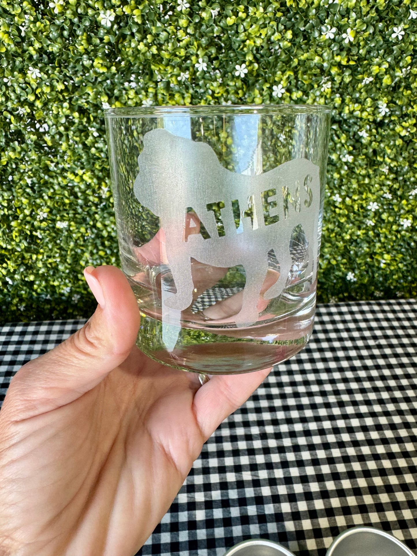 Athens bulldog whisky glass etched