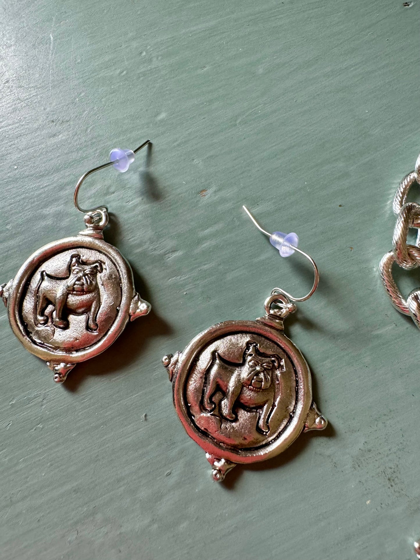 Silver dog earrings dangle medallion