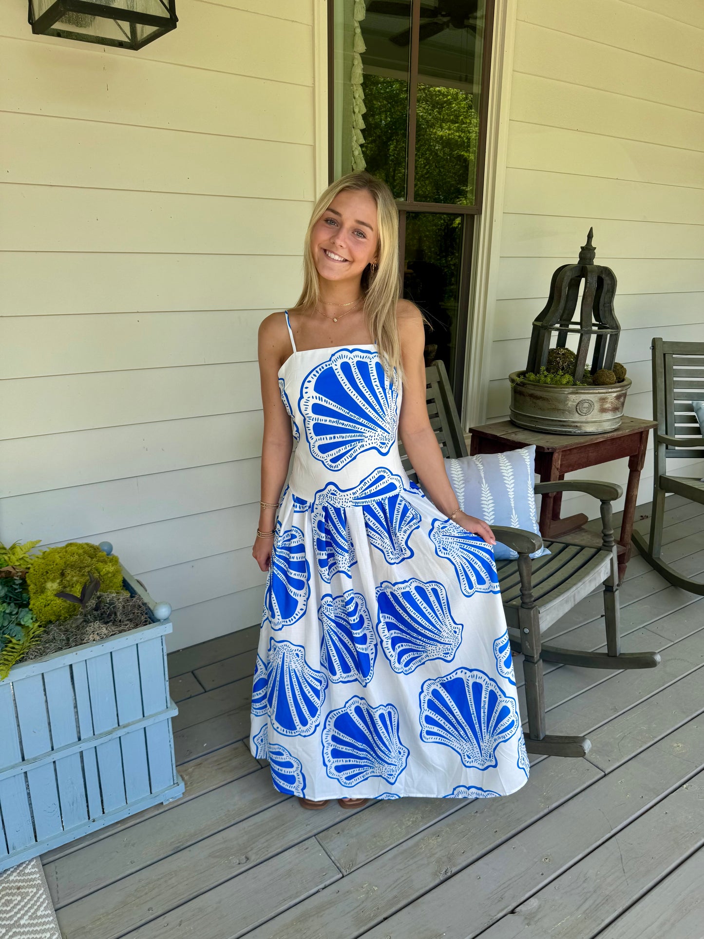 Summer long maxi dress blue and white shell marked down