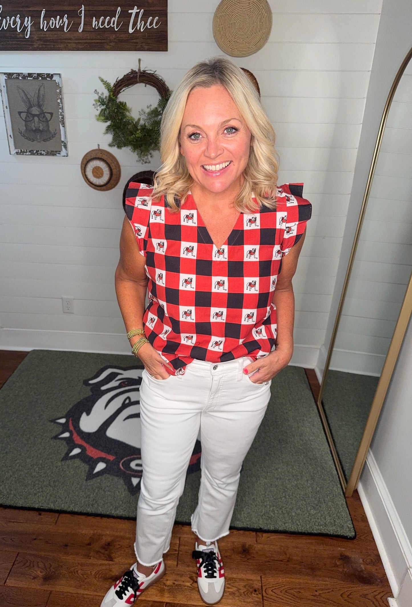 New Gingham ruffle top licensed bulldog