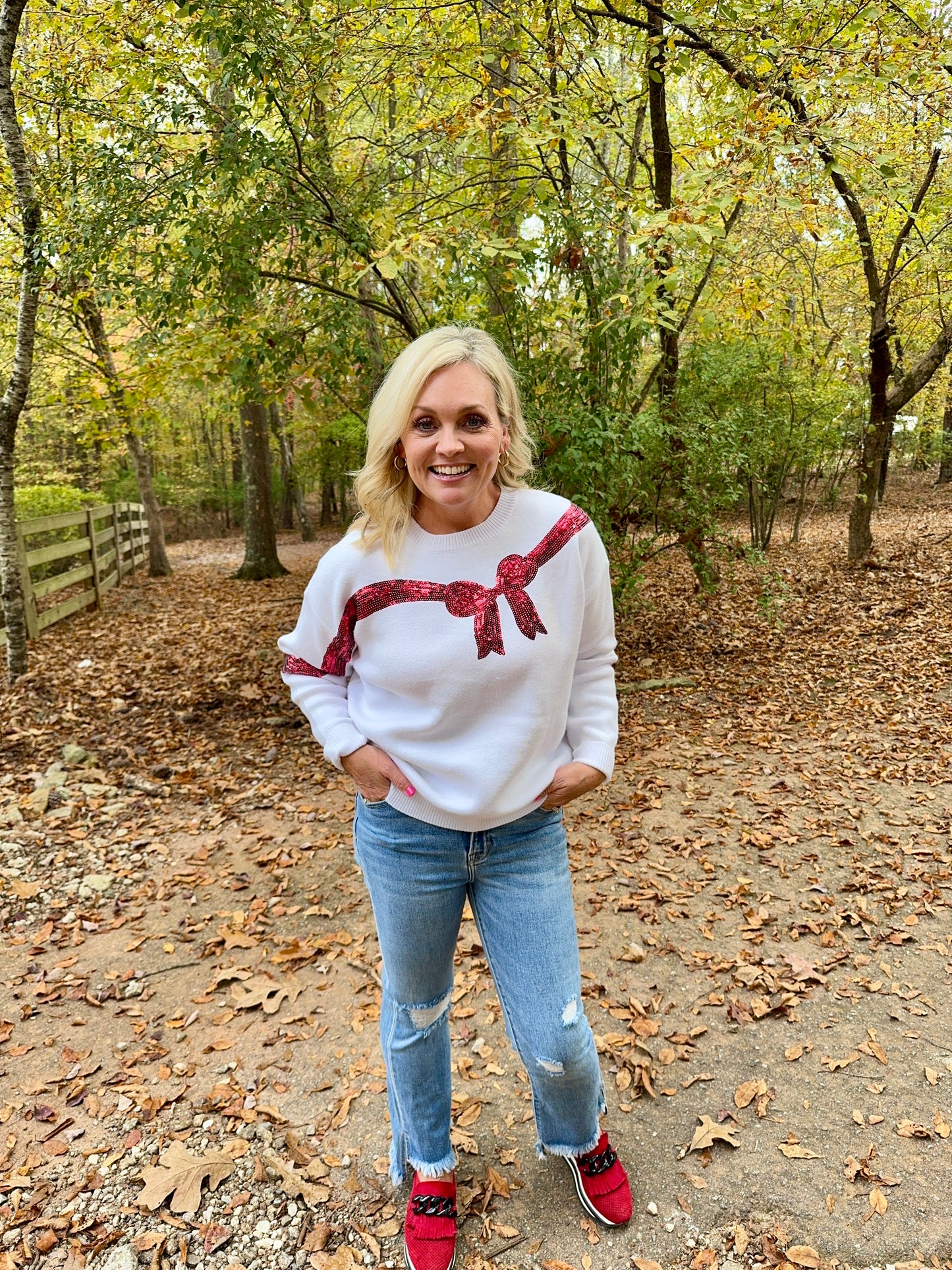 Marked down White sweater red sequin bow Christmas up to size 3X!
